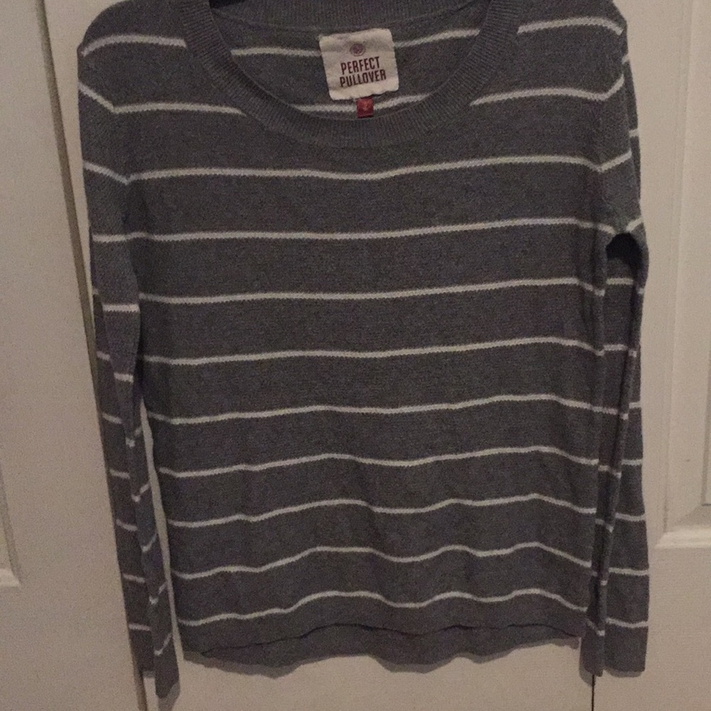 Gray and White Striped Long Sleeve Shirt